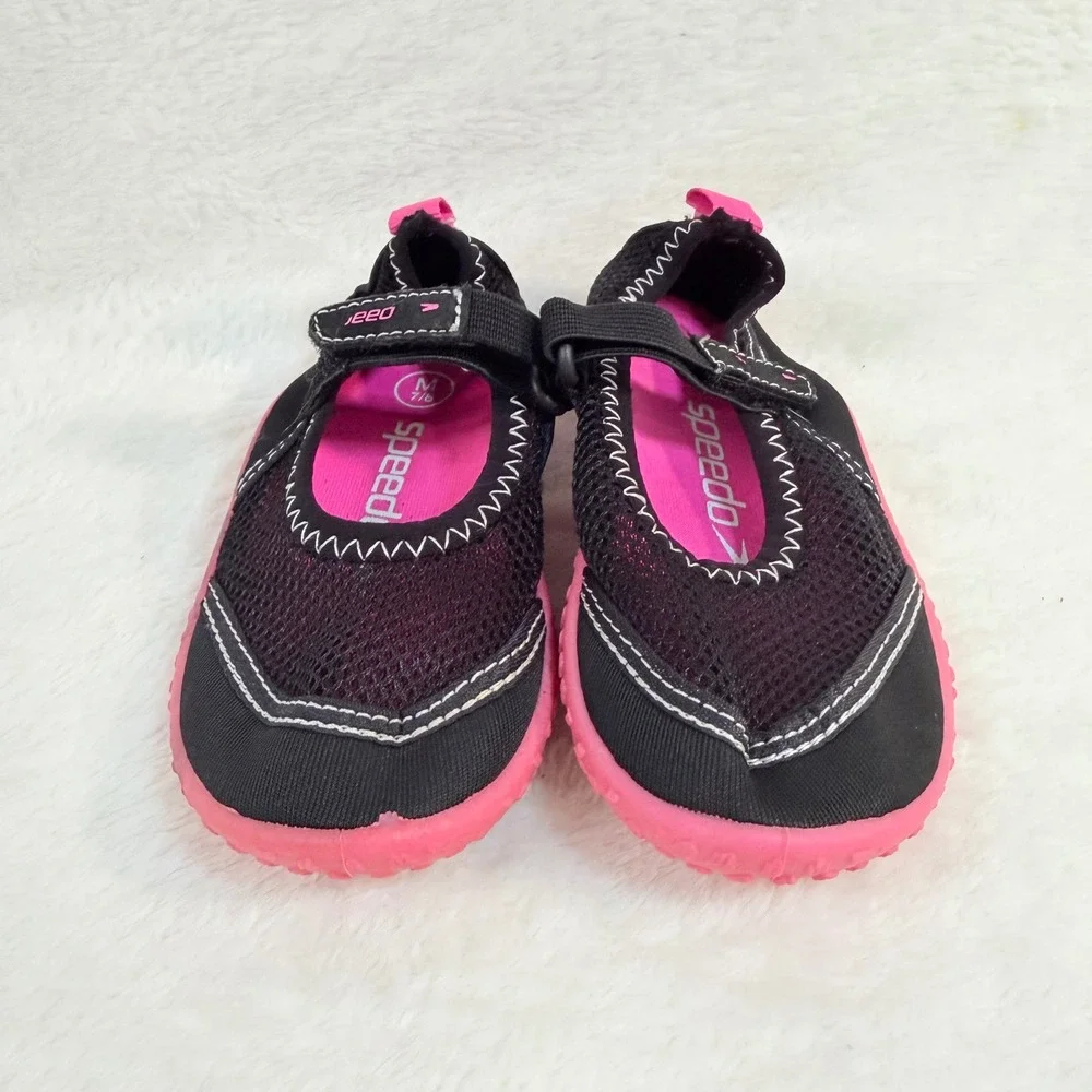 Speedo Kids Water Shoes Black Pink Mary Jane Aqua Socks Size M 7/8‎ Pool Beach